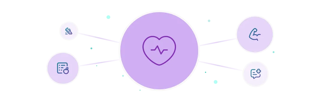 Diagrama com um coração central ligado a ícones de fisioterapia, nutrição e bem-estar
