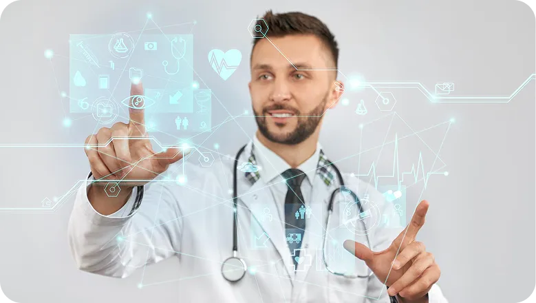 Médico interagindo com uma interface holográfica de saúde