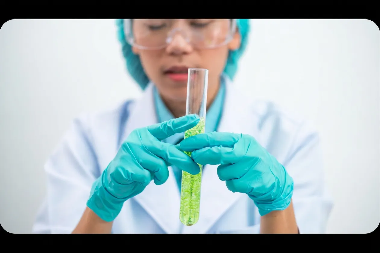 Profissional de laboratório manipulando amostras com luvas e máscara